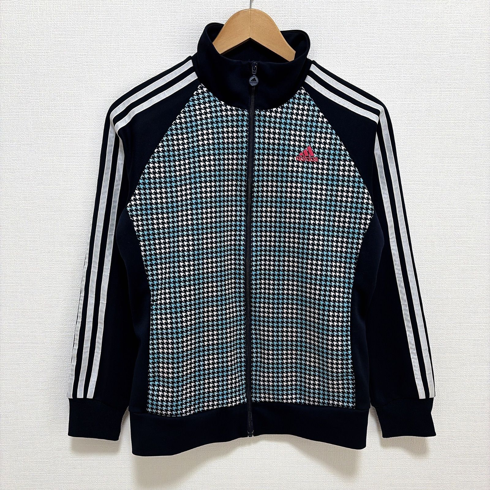 adidas アディダス トラックジャケット ジャージ ロゴ刺繍 スリーライン ネイビー 千鳥格子 レディース Mサイズ Y2K ウィッシュコア フェアリーグランジ トミーフェブラリー 韓国系 dreamy outfit angelcore