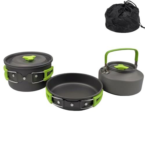 キャンプ用調理器具セット 3点セット 食品グレードの硬質アルミニウム 折畳み式 軽量 アウトドアケトル フライパン 調理鍋 収納袋付き 持ち運びに便利 キャンプ用品 耐熱 直火対応 調理器具 アウトドア旅行 登山に最適 2-3人用 クッカーセット