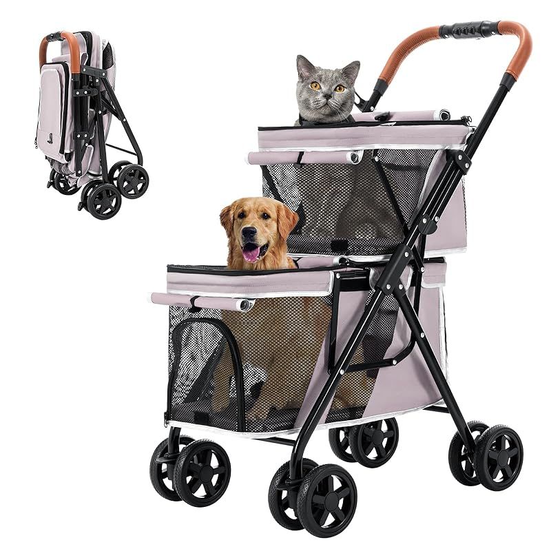 LPOTIUS ペットカート 多頭 上下2段式 ペットバギー ワンタッチ 折りたたみ 犬用ベビーカー コンパクト 収納便利 4輪 前輪360°回転 後輪ブレーキ付き 軽量 犬用カート 小型犬 中型犬 犬猫兼用 耐荷重20KG 上段8KG 下段12KG 多頭 0
