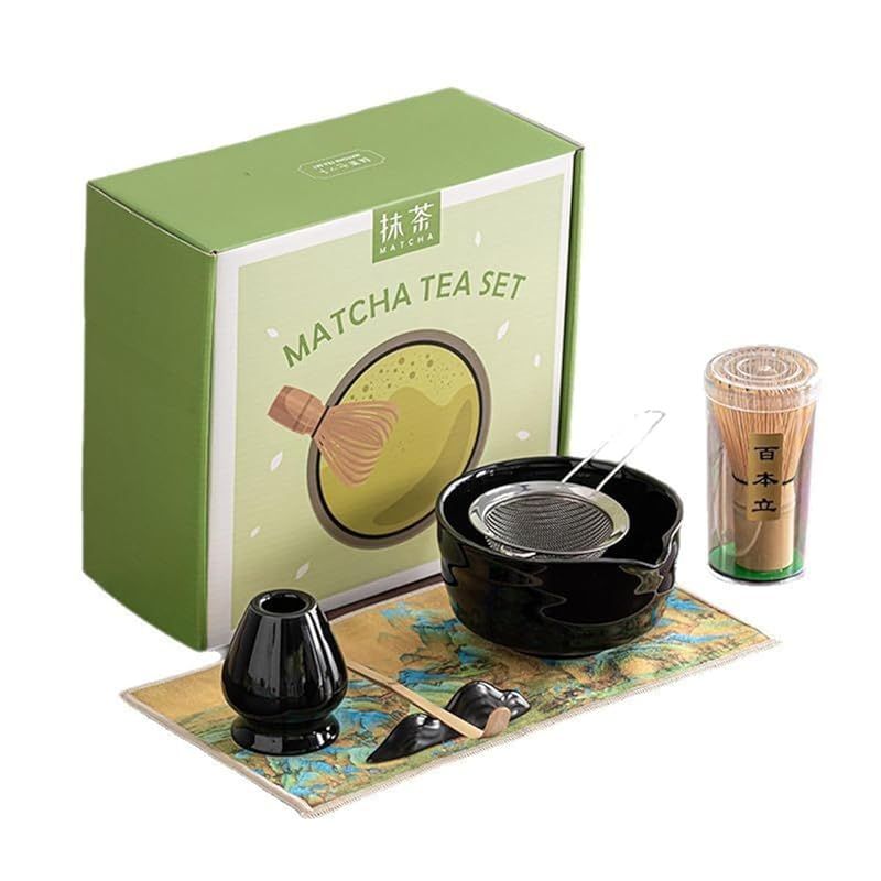 抹茶7点セット お点前セット 日本茶セット 茶道具セット 抹茶茶道 茶碗 百本立茶筅 茶筅立て 茶杓 抹茶 粉末 泡立て器（ブラック） 0