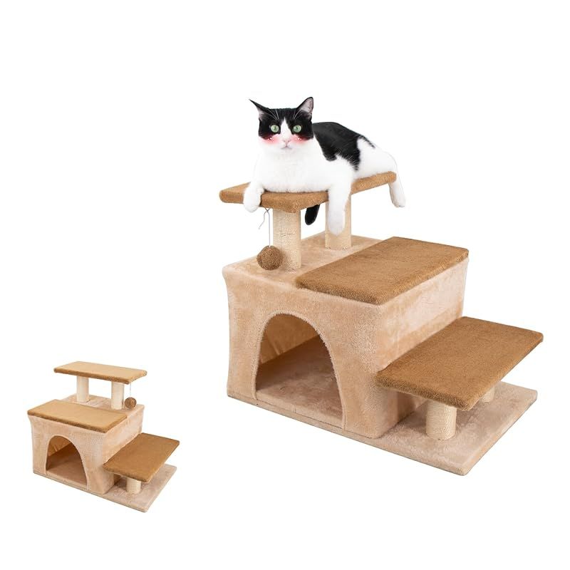 Hapineko（ハピネコ）3in1 キャットタワー ミニ 猫 犬 ステップ 段階 ハウス 爪とぎポール ボール スタイル調整可能 シニア猫／子猫／小型犬対応 ジャンプの苦手な猫ちゃん 密度UP30％ MDF板採用 省スペース コンパクト 高さ48CM ( 1