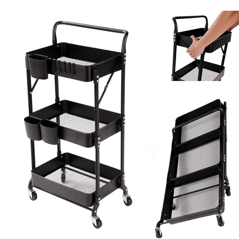 Secchuu キッチンワゴン 折り畳み 3段タイプ 耐荷重60KG 幅46cm×奥行30cm×高さ82~93cm シンプルさ 収納ワゴン スチール製ボデイ キャスター付き スムース移動 吊り下げカップとフック小物収納 組立商品 (ブラック, 折畳３段) 1