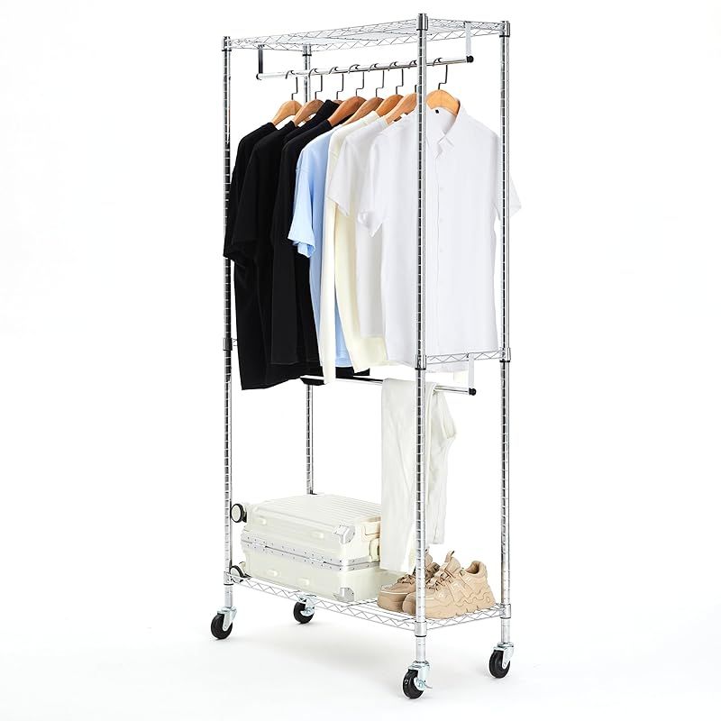 ベーシック ハンガーラック 2段 洋服ラック 耐荷重181kg 頑丈 キャスター付き 棚付き, 幅91.4 x 奥行35.6 x 高さ182.9 cm シルバー 0