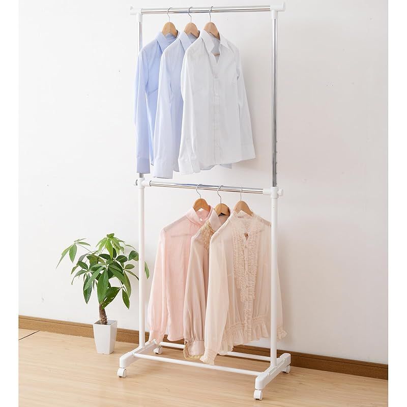 山善(YAMAZEN) ハンガーラック 幅79.5×奥行42.5×高さ105-183cm 2段 キャスター付き たっぷり収納 組立品 オフホワイト BH-2SR(OW) 0
