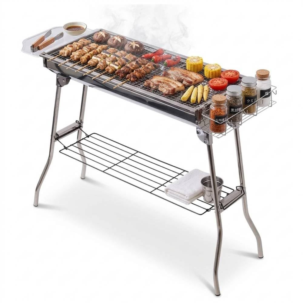 【累計7000台突破】 バーベキューコンロ 大人数 大型 折り畳み 折りたたみ bbq バーベキューグリル 軽量 組立不要 ステンレス 焼き網幅73cm 持ち運び 焼き網2枚付属 調味料ラック付き seathestars