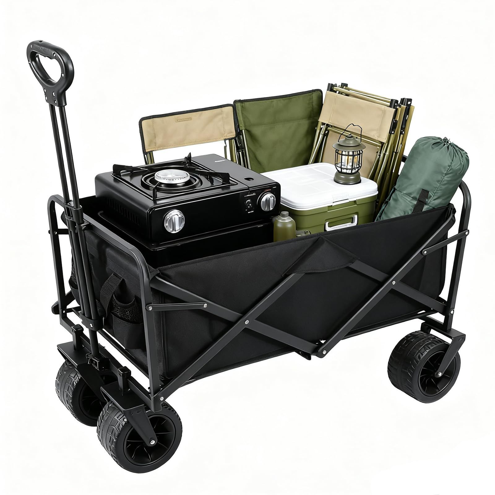 Q・L・Y キャリーワゴン 折りたたみカート 大容量150L 耐荷重150kg ワンタッチ収束型 キャンプ カート 多地形対応 BBQ 釣り キャンプ 運動会用などに最適 黒