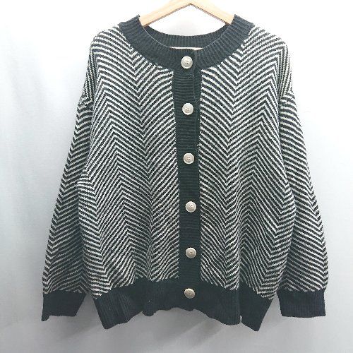 ◇ ⊇ RETRO GIRL レトロガール 総柄 長袖 カーディガン サイズF ブラック　ホワイト レディース E 【1409100066326】