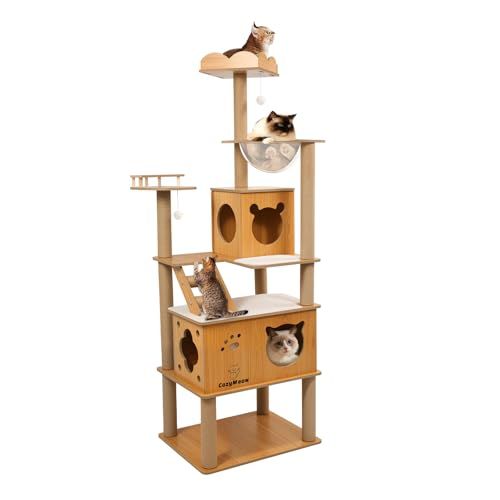 キャットタワー 木製 スリム 宇宙船 据え置き 厚さを増した板材 キャットハウス つめとぎ 猫 大型猫用 爪とぎ キャットウォーク 多頭飼い 人気 猫タワー おしゃれ かわいい ねこ キャットステップ 高い安定性 運動不足解消日本語説明書付き (ナチュラル 0