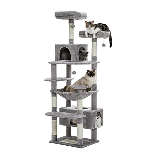 PETEPELA(ぺテぺラ) キャットタワー 大型猫用 猫タワー スリム コンパクト 多頭飼い 据え置き型 ハンモック 麻紐爪とぎポール 猫おもちゃ 転倒防止ベルト付き 展望台 猫ベッドカバー取り外し可能 運動不足解消 人気 - 180cm グレー 1