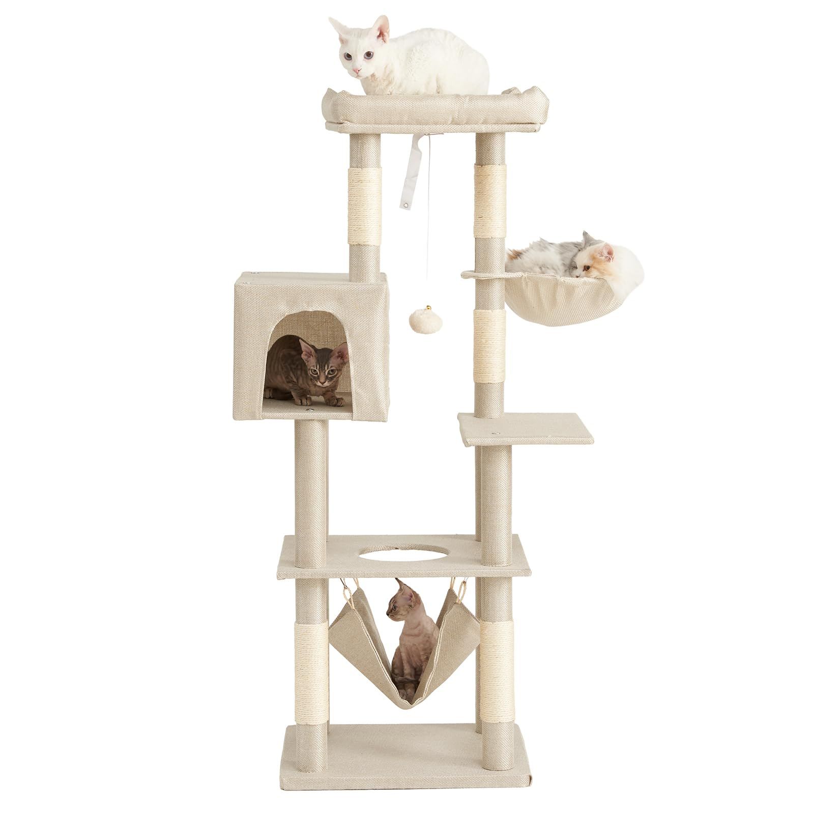 AIFY キャットタワー 大型猫用 多頭飼い 省スペース スリム 据え置き 安定強化構造 ハンモック付き 隠れ家付き 爪とぎ 見晴らし台 おもちゃ付き 運動不足解消 高さ140cm 1