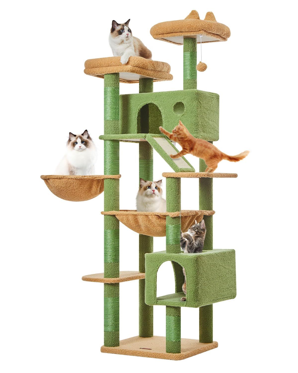 Taoqimiao キャットタワー 高さ180cm 大型猫用 多頭飼い対応 据え置き 省スペース 転倒防止付き 運動不足解消 安定感 天然麻紐の猫の爪とぎボード 特大猫ハウス付き 金属フレームハンモック サイザル麻支柱8本 爪とぎボード 2段展望台 MSC 1