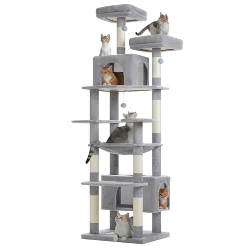 PETEPELA(ぺテぺラ) キャットタワー 大型猫用 コンパクト 多頭飼い 据え置き型 スリム ハンモック 麻紐爪とぎポール 猫のおもちゃ 転倒防止ベルト付き 展望台 猫ベッドカバー取り外し可能 運動不足解消 - XL 高さ205cm グレー 0