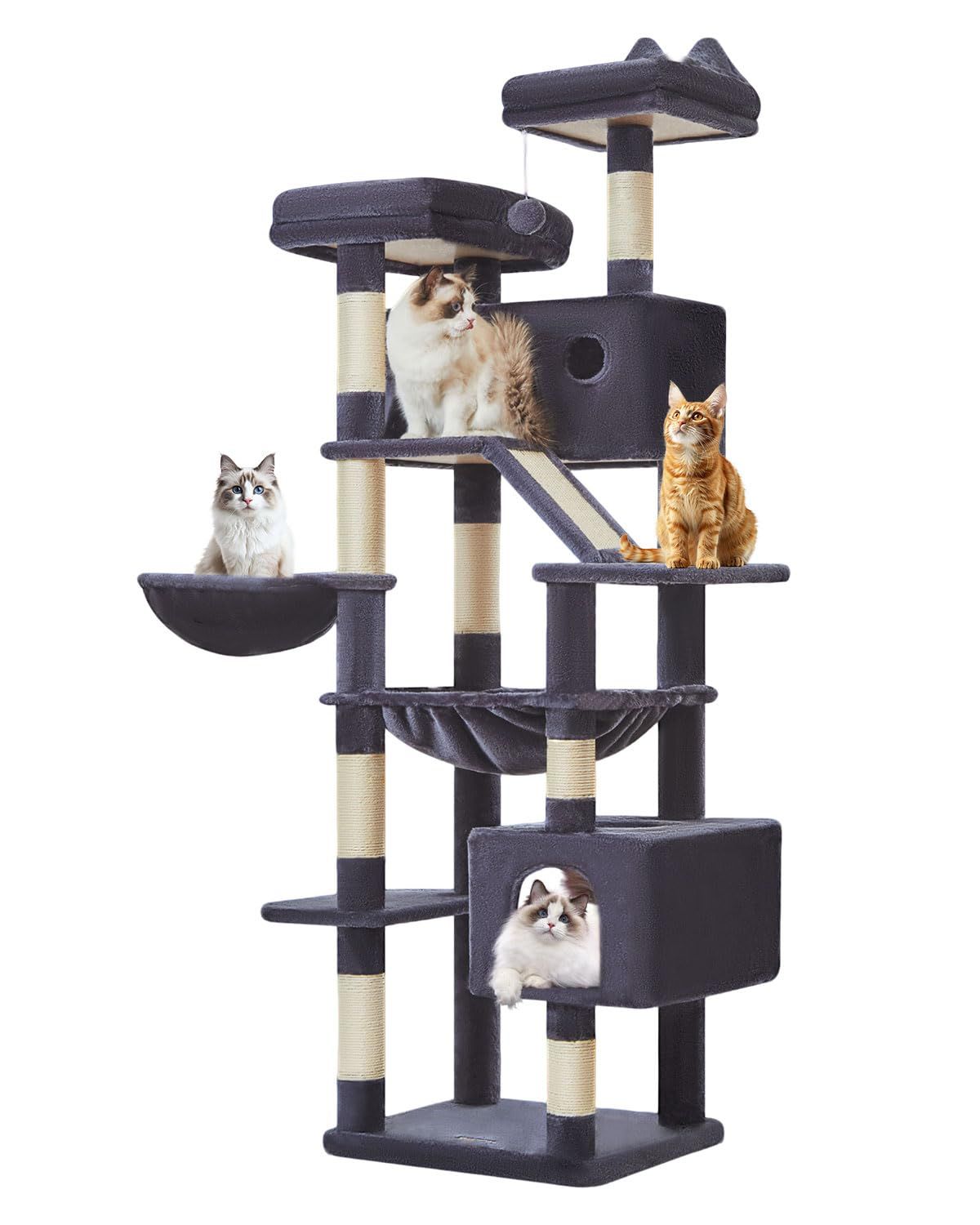 Taoqimiao キャットタワー 高さ180cm 大型猫用 多頭飼い対応 据え置き 省スペース 転倒防止付き 運動不足解消 安定感 天然麻紐の猫の爪とぎボード 特大猫ハウス付き 金属フレームハンモック サイザル麻支柱8本 爪とぎボード 2段展望台 MS0 0