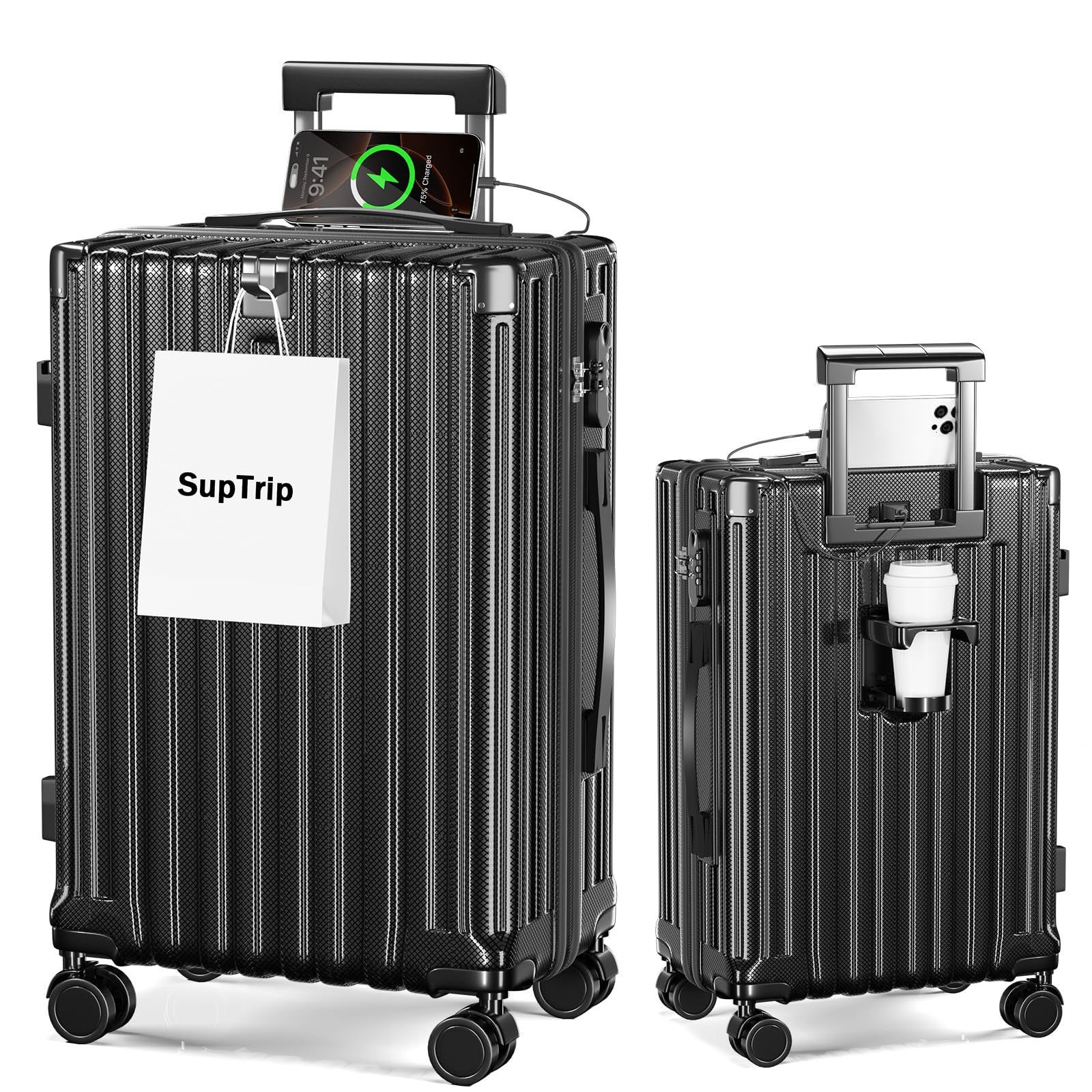 [SupTrip] スーツケース 機内持ち込み 多機能 キャリーケース 大型 超軽量 キャリーバッグ 耐衝撃 USBポート付き カップホルダー付き 充電機能 荷物フック 隠しフック機能 静音 ダブルキャスター 360度回転 修学 泊まる 旅行 出張 (ブラ 0