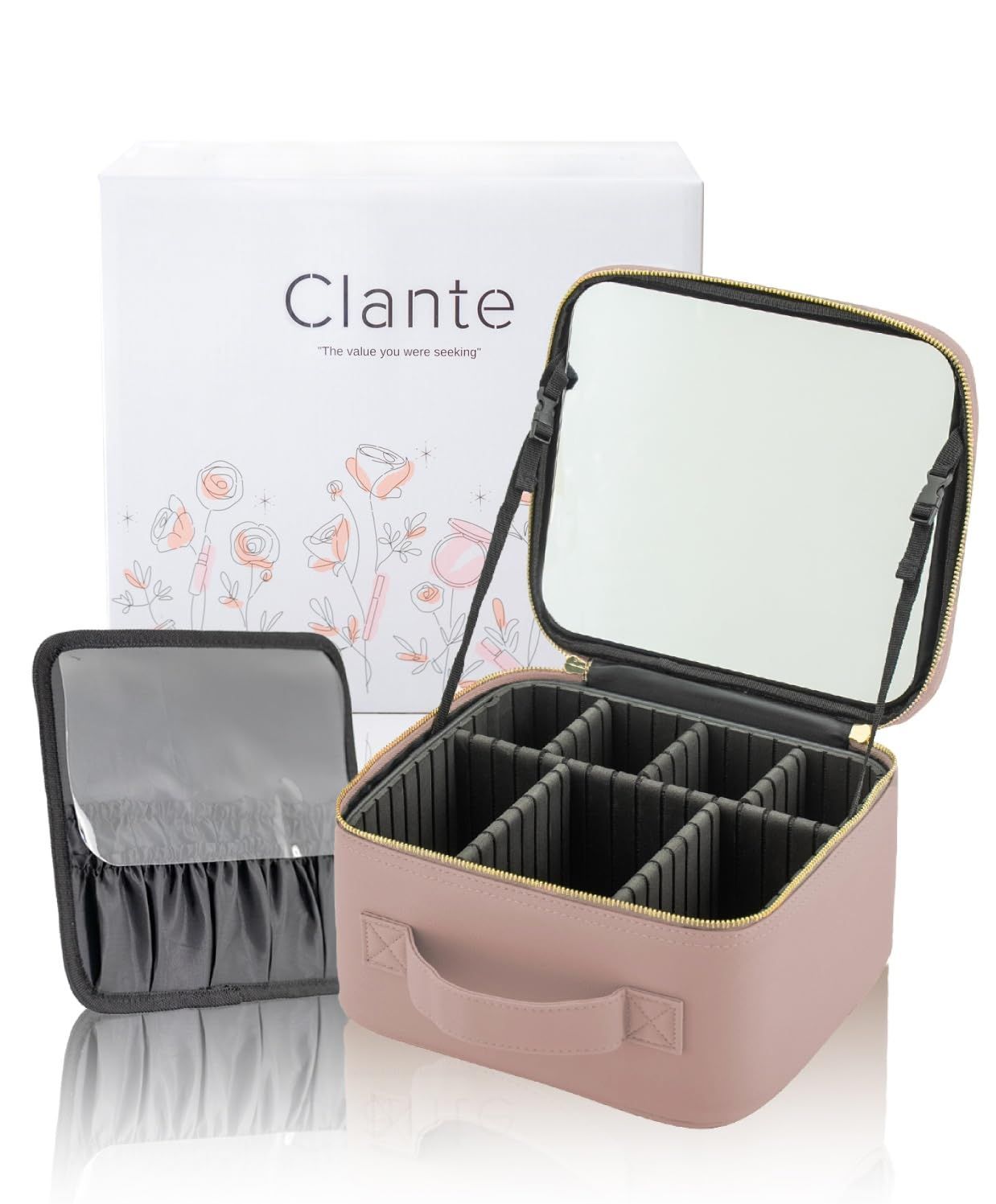 Clante メイクボックス 鏡付き 大容量 【大人な6色・縦が整える13cm効果】 コスメボックス 化粧ボックス 持ち運び 収納 高さ13cm (ローズベージュ) 0