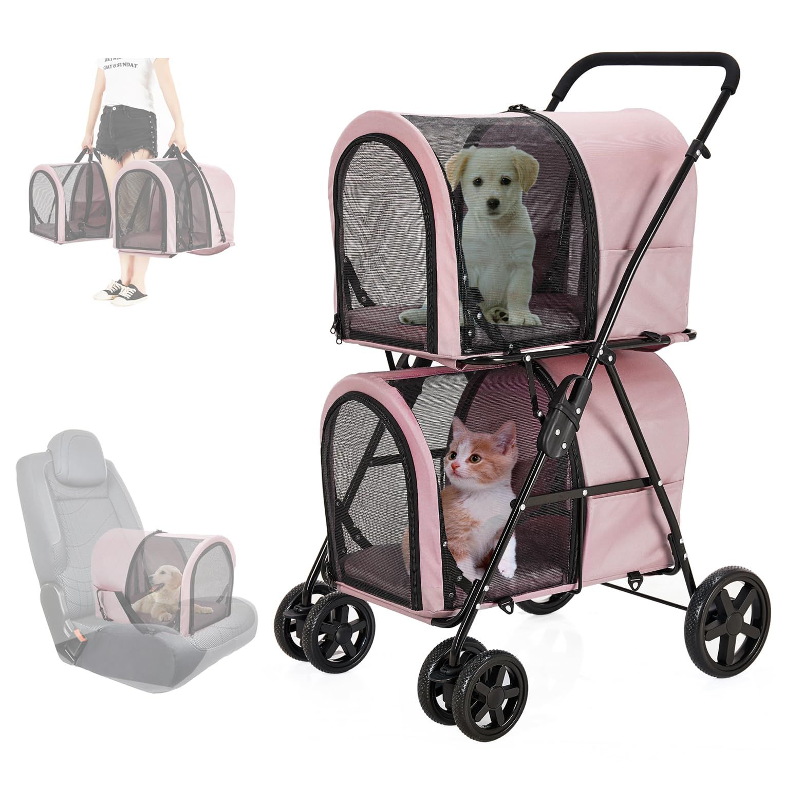 LPOTIUS ペットカート 多頭 上下2段式 分離型 ペットバギー 折りたたみ 軽量 犬用ベビーカー コンパクト収納 ペットキャリーバッグ 4輪 前輪360°回転 後輪ブレーキ付き 小型犬 中型犬 犬猫兼用 耐荷重20KG 上段10KG 下段10KG 多 0