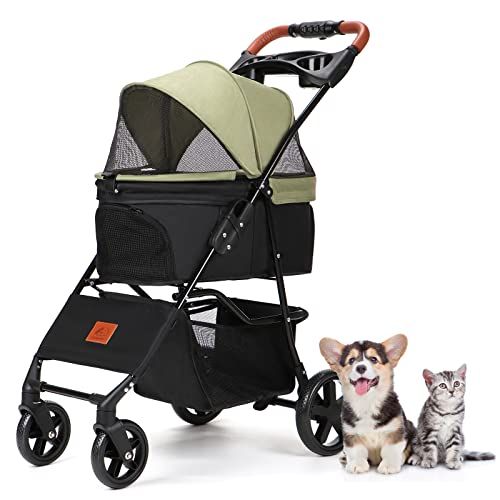 Aikenn ペットカート 犬用ベビーカー 小型犬 折り畳み犬用カート ペットキャリーカート ペットバギーミニ 4輪タイプ 犬介護用カート 猫犬兼用 前輪360°回転 後輪ブレーキ付 飛び出し防止 軽量 ワンタッチ開閉 組み立て簡単 耐荷重15KG 犬用お 0