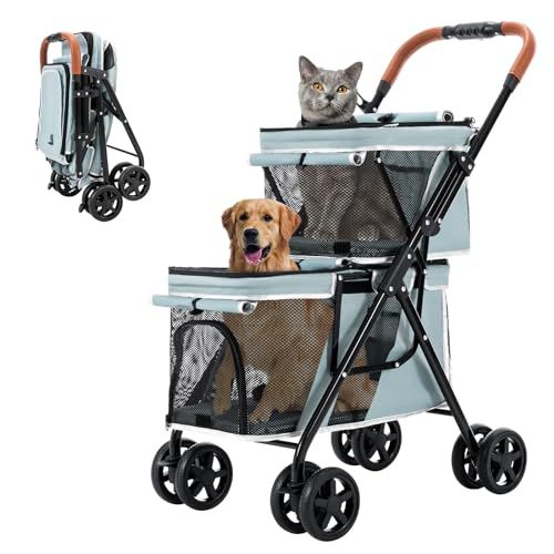 LPOTIUS ペットカート 多頭 上下2段式 ペットバギー ワンタッチ 折りたたみ 犬用ベビーカー コンパクト 収納便利 4輪 前輪360°回転 後輪ブレーキ付き 軽量 犬用カート 小型犬 中型犬 犬猫兼用 耐荷重20KG 上段8KG 下段12KG 多頭 0