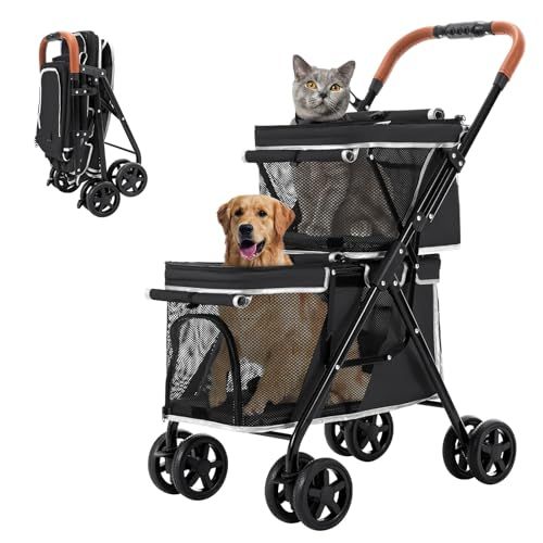 LPOTIUS ペットカート 多頭 上下2段式 ペットバギー ワンタッチ 折りたたみ 犬用ベビーカー コンパクト 収納便利 4輪 前輪360°回転 後輪ブレーキ付き 軽量 犬用カート 小型犬 中型犬 犬猫兼用 耐荷重20KG 上段8KG 下段12KG 多頭 0 11,976円