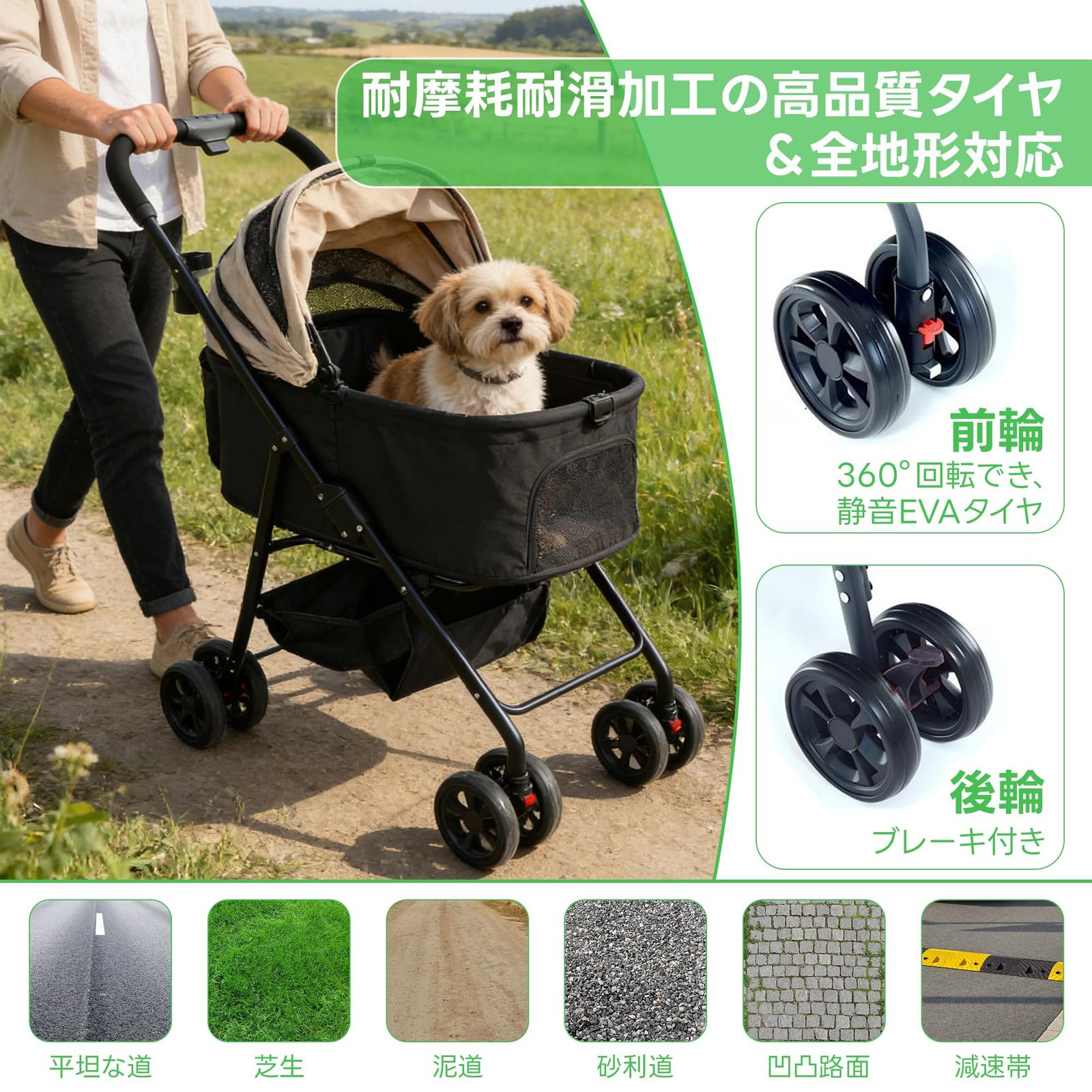 犬用品 ペットカート 分離型 犬用 バギー いぬ用 4輪 前輪360°回転 カーキ