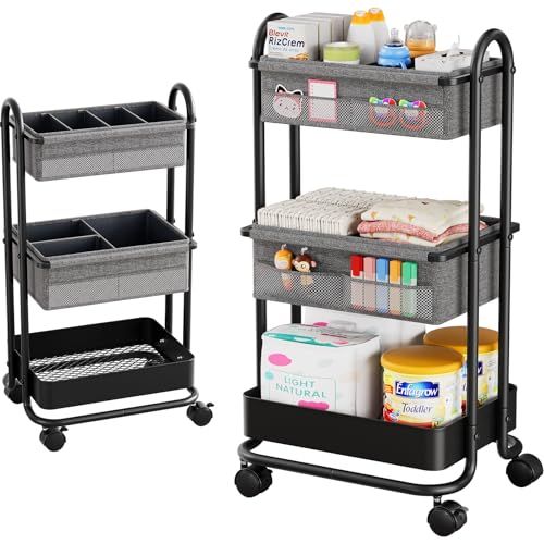 KALORCARE おむつストッカー ベビー用品 収納ワゴン 3段 キャスター付き 出産準備 赤ちゃん用品 おむつバッグ 整理整頓 取り外し可能な仕切り付き 移動便利 多機能 ベビーベッド用 大容量 ナーサリー収納 0