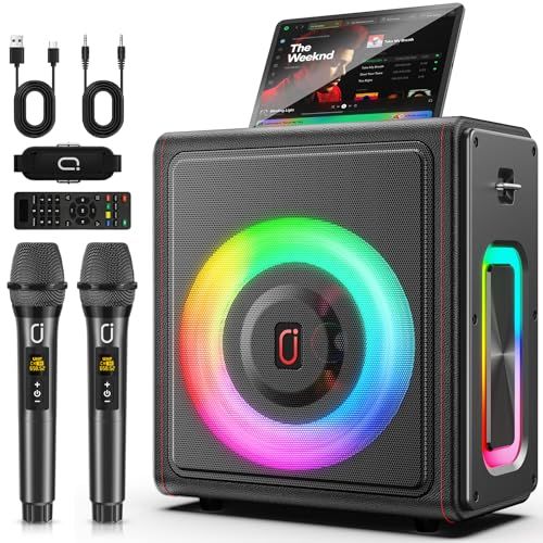 JYX スピーカーセット ワイヤレスマイク2本付属 Bluetooth5.3 大容量バッテリー搭載 PAシステム 録音/USB/TFカード/3.5mm入力対応 20W出力 充電式 屋外イベント・会議・家庭用 小型 カラオケセット (ブラック) 0