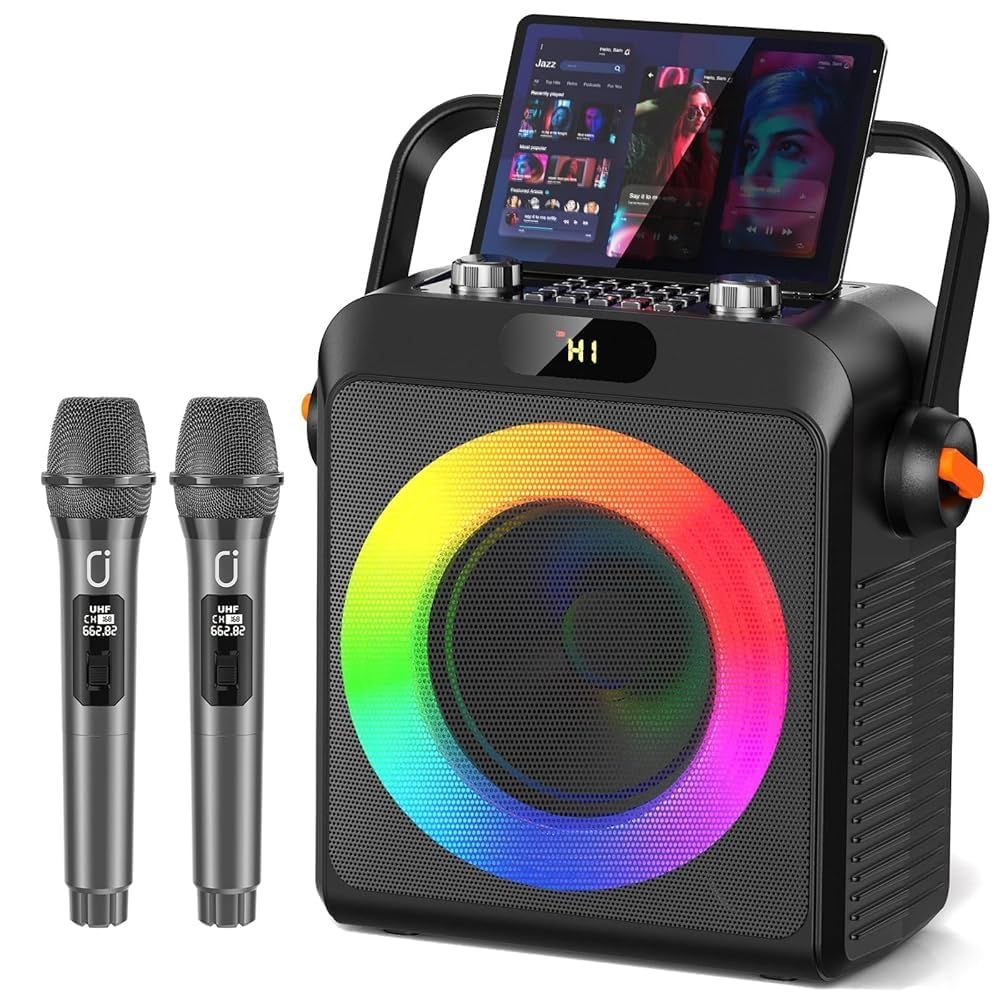 JYX スピーカーセット カラオケマシン ワイヤレスマイク2本付き 家庭・パーティー・イベント用 イコライザーモード搭載 録音 USB／TF／AUX対応 プロ仕様 簡単接続 PAセット (ブラック) 1