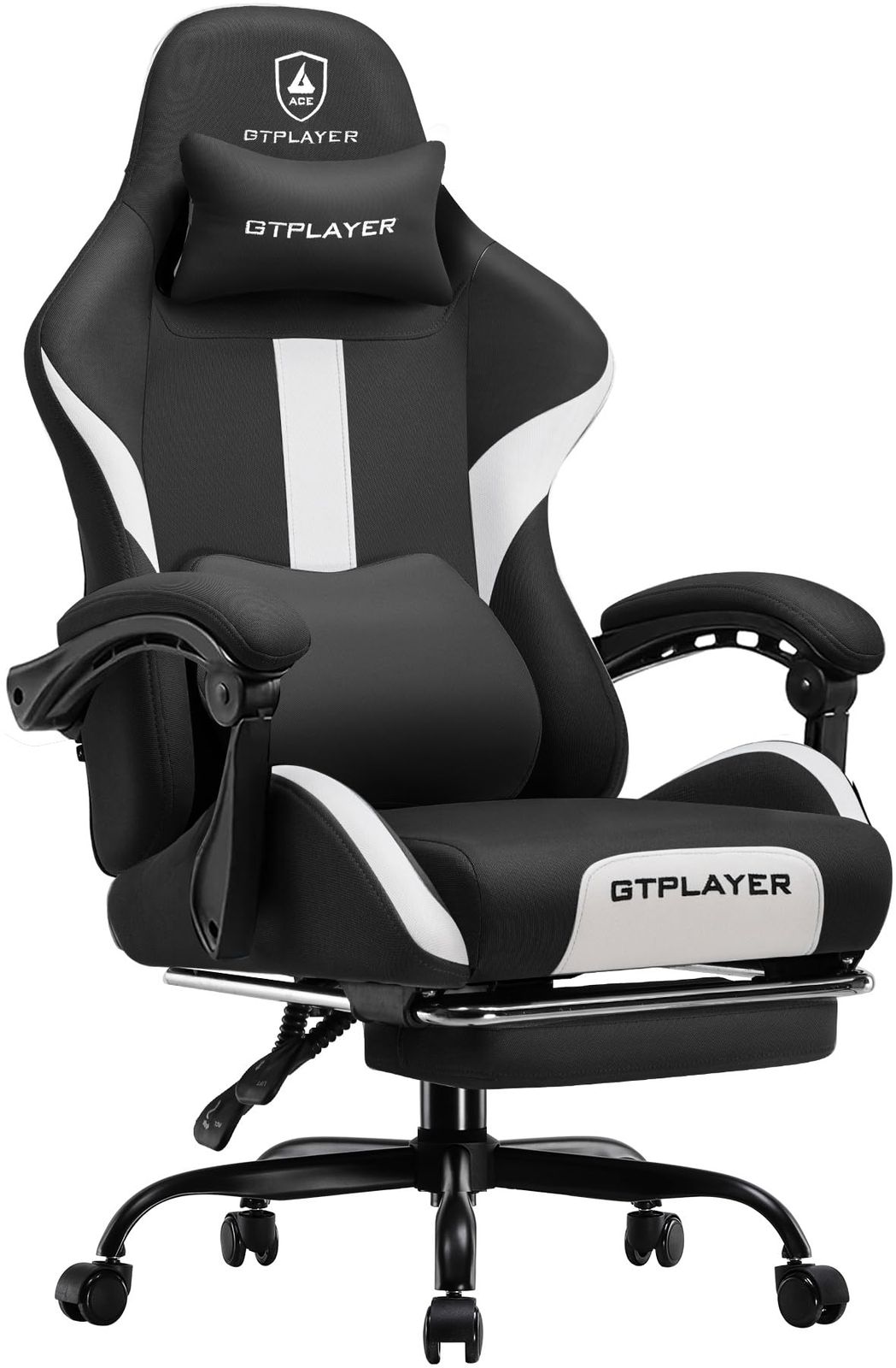 GTPLAYER ゲーミングチェア ファブリック デスクチェア 人間工学設計 腰痛対策 ポケットコイル 90°?150°リクライニング [一体式オットマン付き] 連動式アームレスト 蒸れない 高背もたれ ヘッドレスト&ランバーサポート 通気性メッシュ 高耐ｍａ