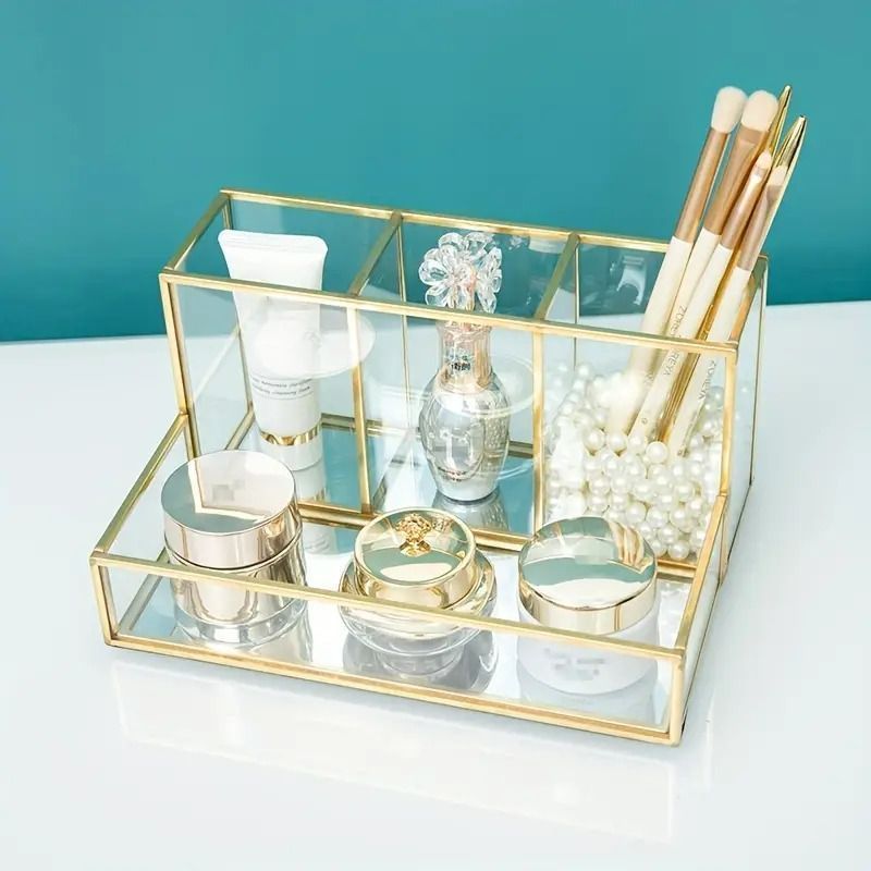 ガラスメイクブラシホルダー ゴールド メタル コスメ収納 文房具収納 ペン立て お洒落 モダン 韓国インテリア 人気 SNS映え インスタ映え