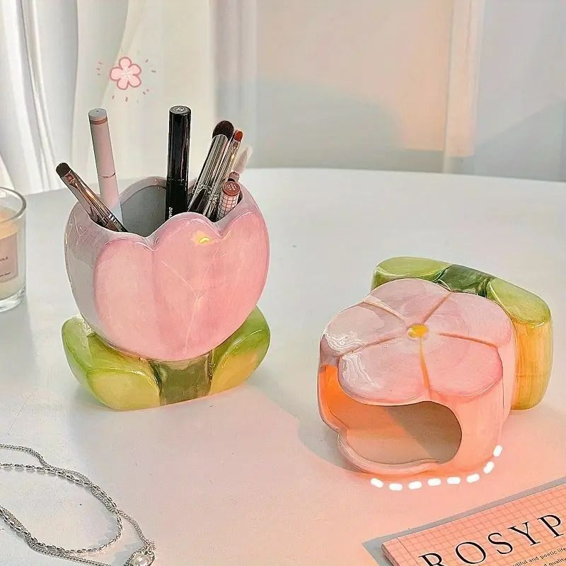 花のペン立てセット セラミック製 チューリップ お花 フラワー かわいい お洒落 韓国 ポップ 文具立て ペン立て ブラシ立て SNS映え インスタ映え