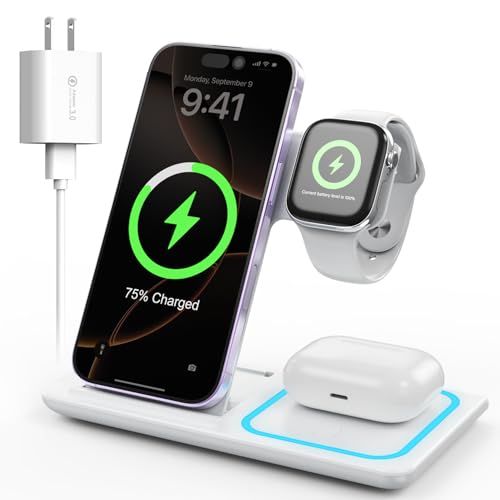 HOUOA ワイヤレス充電器 3in1 急速充電15W／10W／7.5W 同時にiPhone／iWatch／Airpodsに互換性 iPhone17／17Air／17Pro ／17Pro Max ／16／15／14／13／12Pro／ProMax／Gala 0