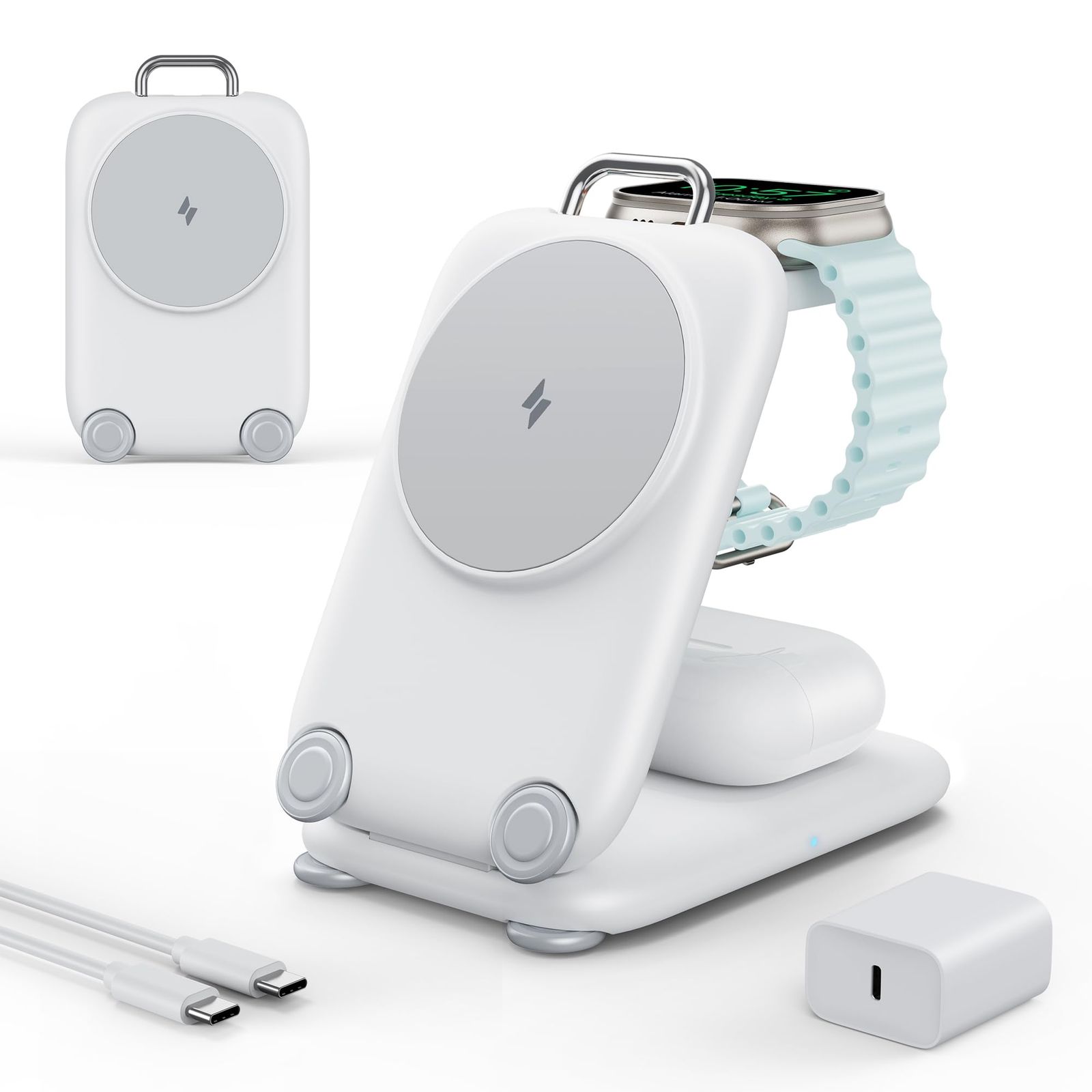 Mukiya 3in1 ワイヤレス充電器 MagSafe充電器 折りたたみ式 3in1充電器 【20W USB-C充電器＋1.5mケーブル付き】 iPhone／Apple Watch／AirPods対応 3台同時充電 角度調整可能 マグネット式 旅行用・自 0