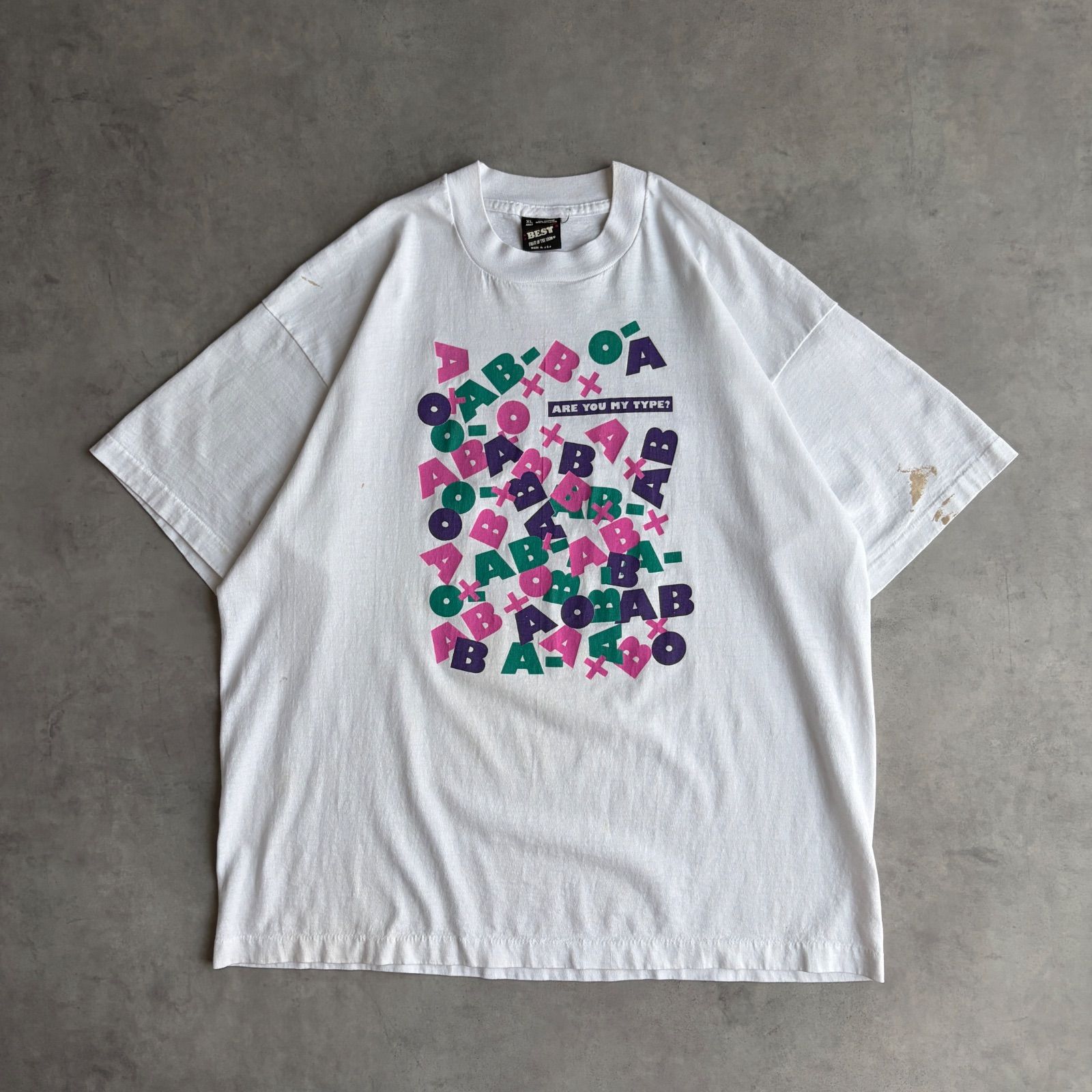90s/FRUIT OF THE LOOM/SCREEN STARS BEST/半袖Tシャツ/USA製/シングルステッチ/献血啓蒙/プロモーション/血液型/ポップデザイン/ホワイト/jmaple
