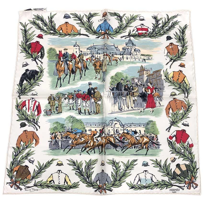 希少 HERMES エルメス スカーフ カレ45 CHANTILLY 競馬場 白 新品同様