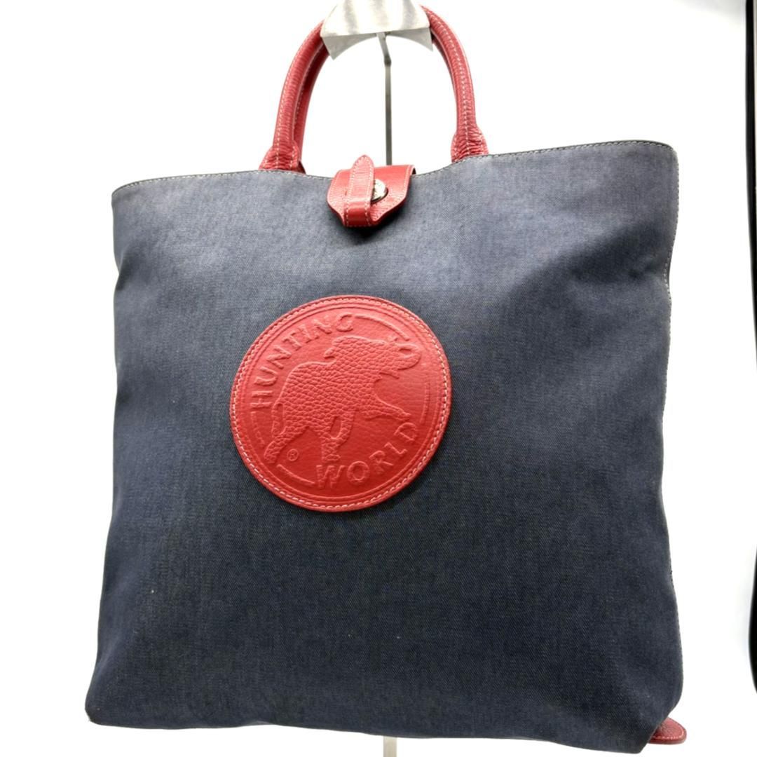 HUNTING WORLD キャンバス トートバッグ レザー ネイビー レッド ロゴ 