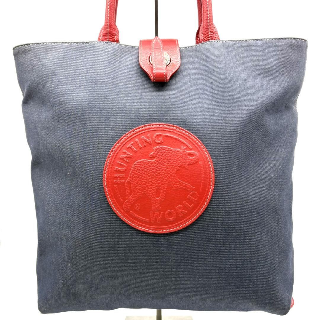 HUNTING WORLD キャンバス トートバッグ レザー ネイビー レッド ロゴ 