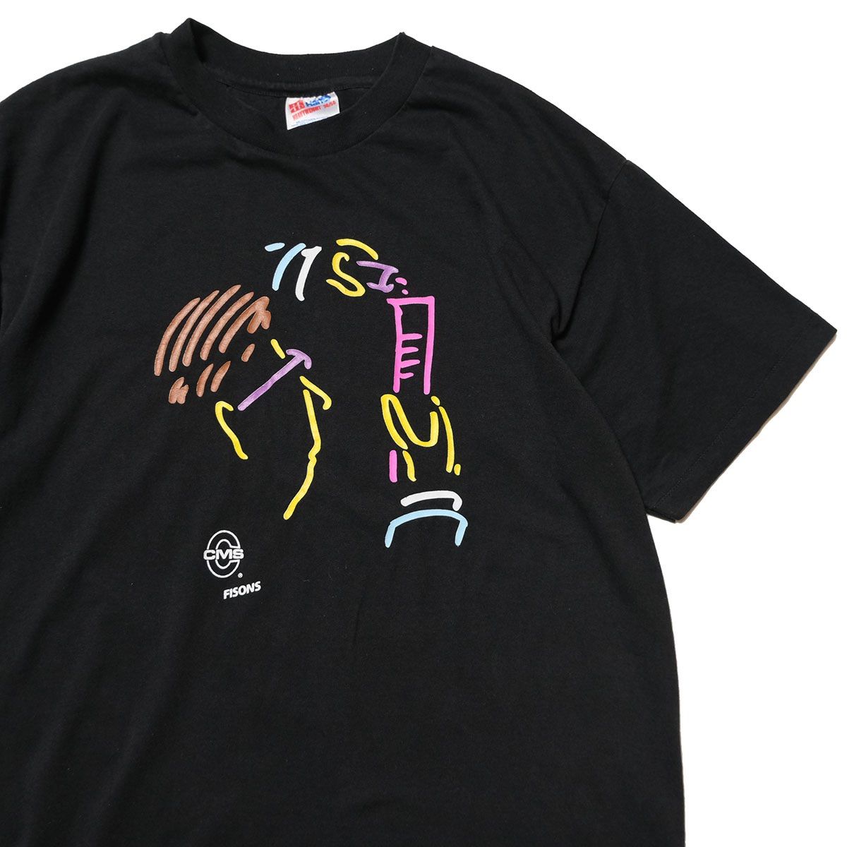 90's ヘインズ CMS 企業物 プリント クルーネック コットン Tシャツ (L) 黒 シングルステッチ 90年代 旧タグ オールド Hanes アメリカ古着 USED ビンテージ ヴィンテージ