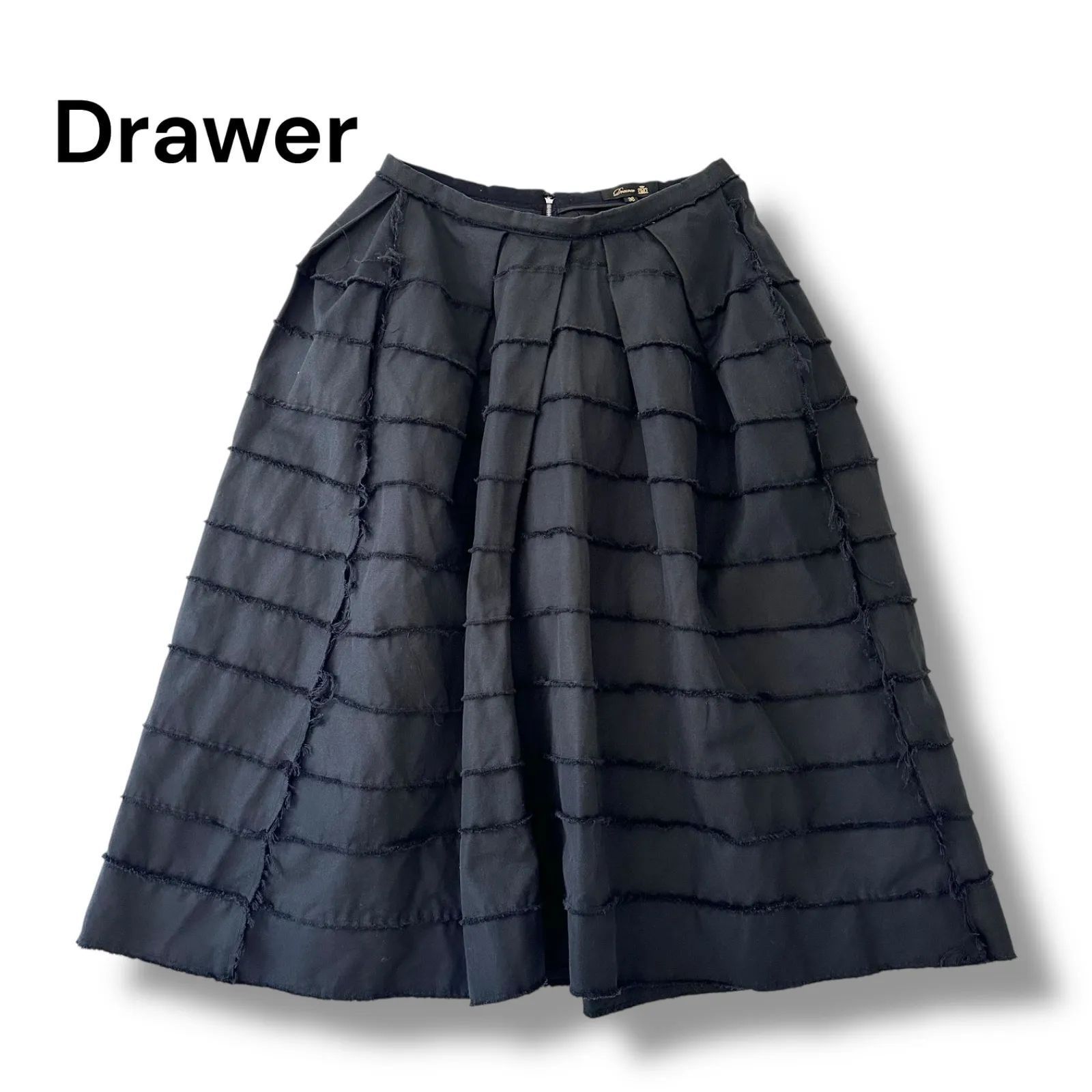 Drawer ドゥロワー　プリーツミモレ丈ロングスカート36 Drawer ドゥロワー スカート タチキリ ミモレ丈 フレア ブラック 黒 36