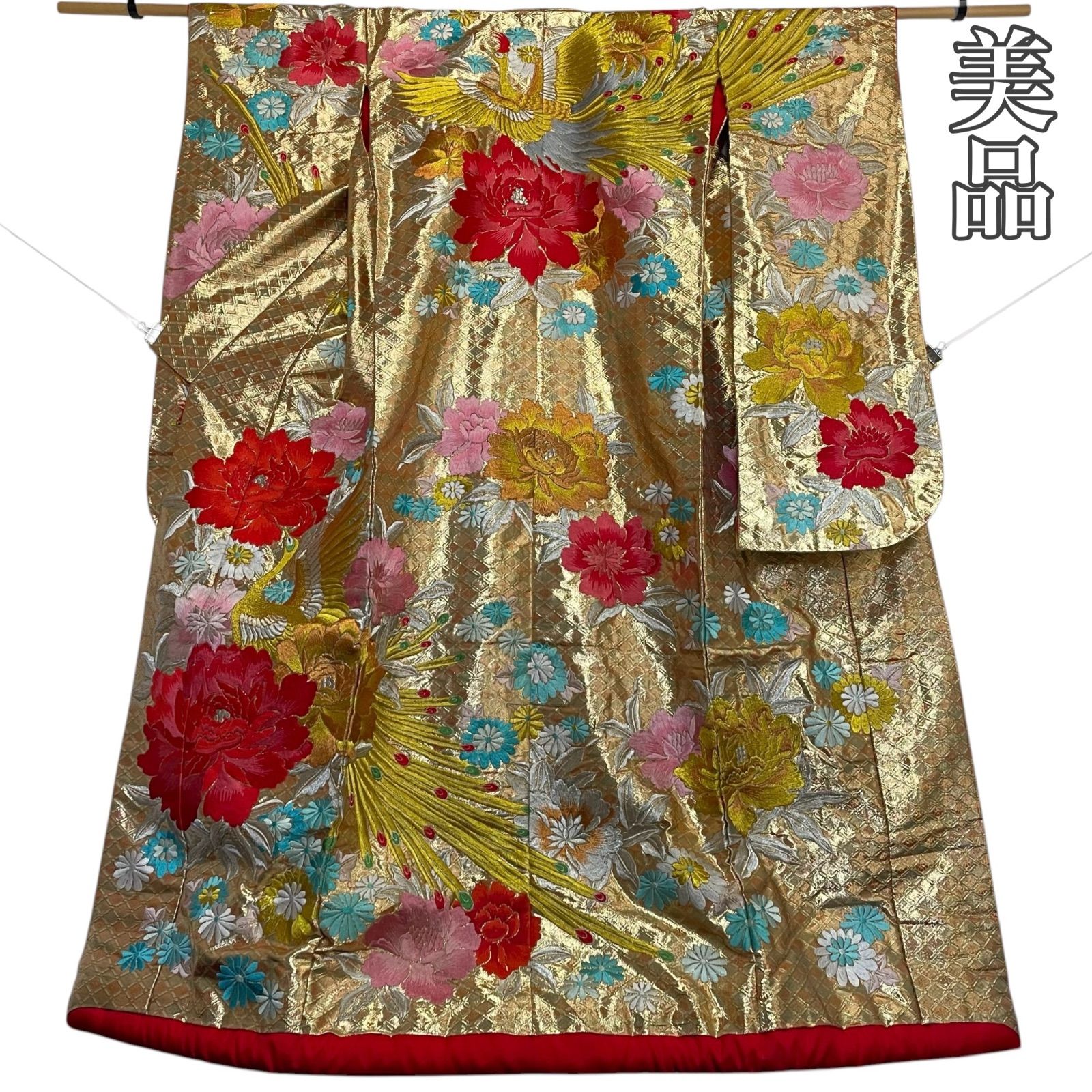 J807 美品 色打掛 総刺繍 蘇州刺繍 寿光織 鳳凰 牡丹 正絹 和装 和服 
