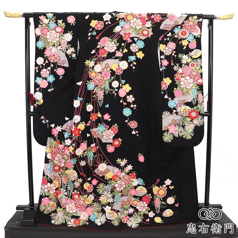 振袖 成人式 前撮り 正絹 単品 正絹 黒 古典柄 花柄 身丈175cm 裄丈67cm 晴れ着 結婚式 M～Lサイズ相当 レディース 女性用 即日発送 送料無料