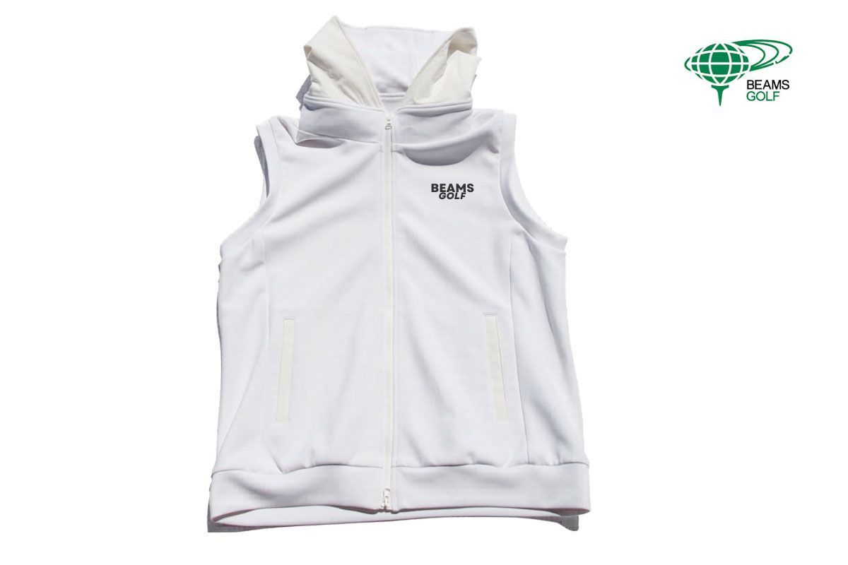 【美品】BEAMS GOLF フード付きベスト M オフホワイト ビームスゴルフ Beams Golf 中古 フルジップ フーディ ダンボール