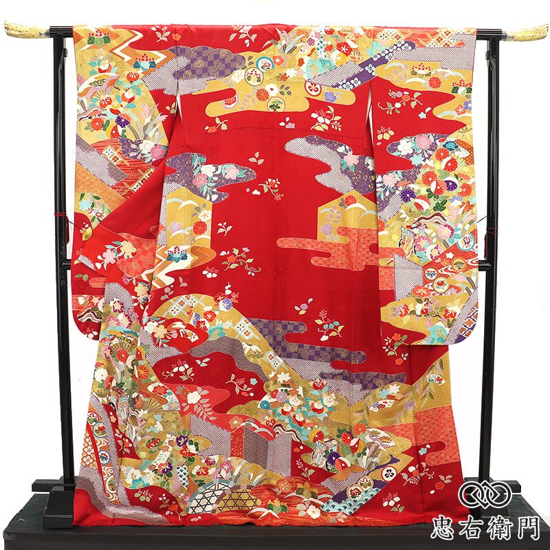 振袖 成人式 前撮り 正絹 単品 正絹 赤 古典柄 御所車 伝統文様 身丈175cm 裄丈68cm 晴れ着 結婚式 Lサイズ相当 レディース 女性用 即日発送 送料無料