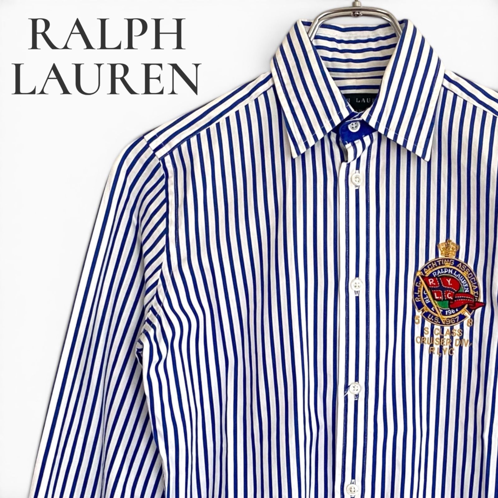 RALPH LAUREN ラルフローレン レディース ストライプシャツ 2 M S 長袖 青 白 ワッペン 刺繍 クレスト インパクト21 POLO 綿100% コットン トップス 襟裏切り替え オールドラルフ ヴィンテージ トラッド 美品 756A-1180