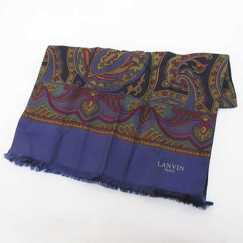 ランバン LANVIN リバーシブル シルク スカーフ ペイズリー柄 バイアスチェック 紺系 ネイビー ロゴ フリンジ フランス製 ファッション小物