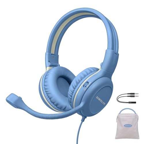SIMOLIO キッズヘッドフォン 有線マイク付き バーチャルスクール&ゲーム用 安全なボリュームコードヘッドフォン 柔軟な回転マイク付き 男の子 ティーン 子供 軽量 折りたたみヘッドセット PC Xbox