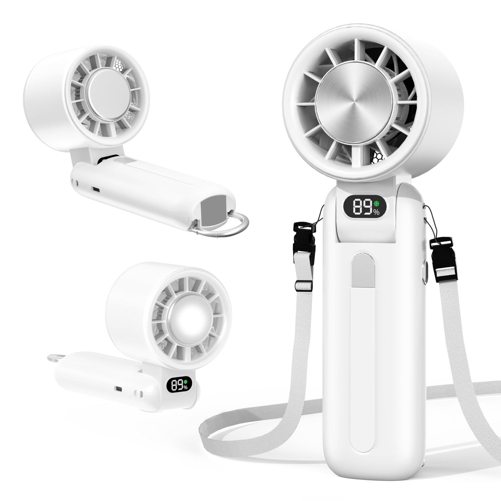 ハンディファン 冷却プレート搭載【100段階風力調整可能・160°折り畳み】携帯扇風機 冷感 手持ち扇風機 5000mAh 長時間稼働 強風力 小型 ミニファン 熱中症対策 USB充電式 卓上 首掛け 金属カラビナ付き ストラップ付属 ホワイト