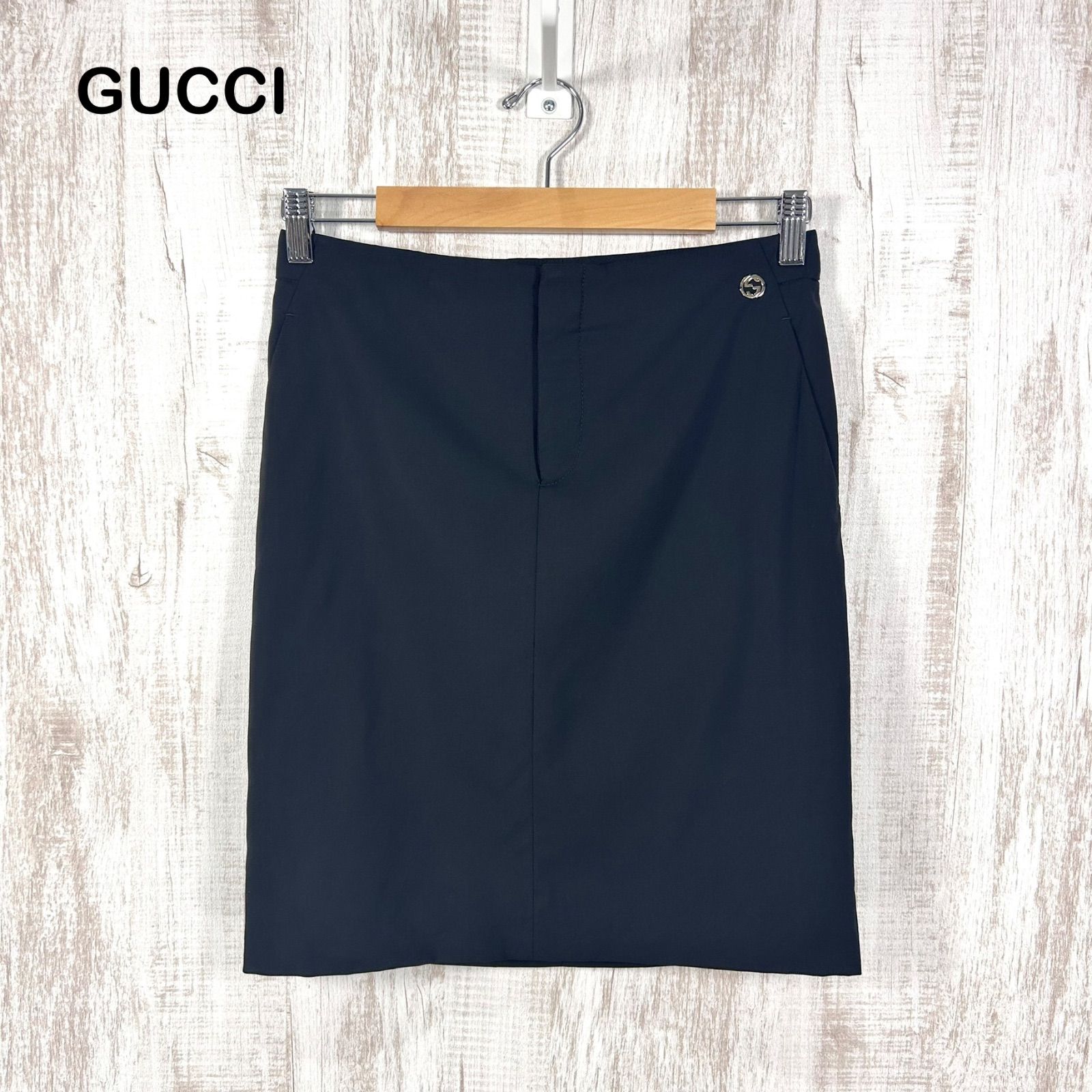 美品 GUCCI グッチ GGメタルパーツ ウール タイトスカート ブラック