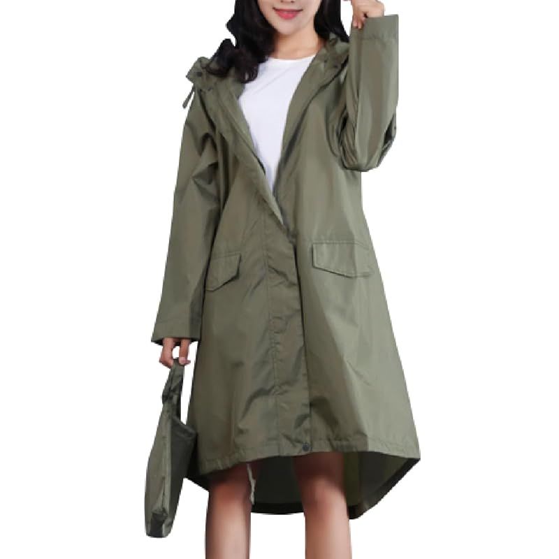 【新品】 [three Joy] レインコート レディース バッグ付き カッパ レインポンチョ レインウェア 大きいサイズ ロング丈 おしゃれ 撥水 フード ジップアップ 収納袋 カーキ 2XL