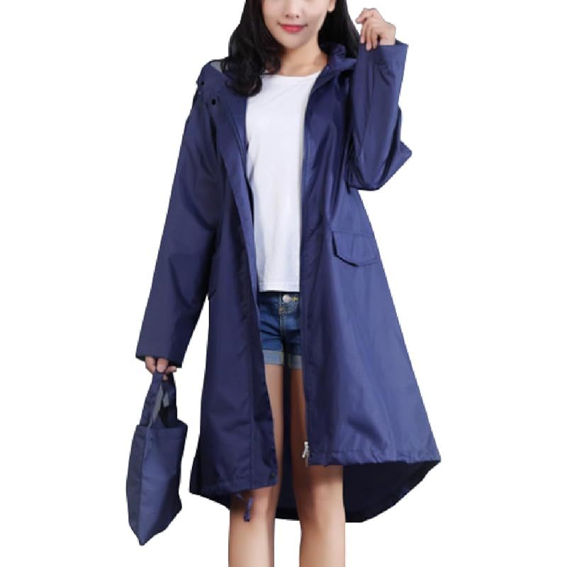 【新品】 [three Joy] レインコート レディース バッグ付き カッパ レインポンチョ レインウェア 大きいサイズ ロング丈 おしゃれ 撥水 フード ジップアップ 収納袋 ネイビー 2XL