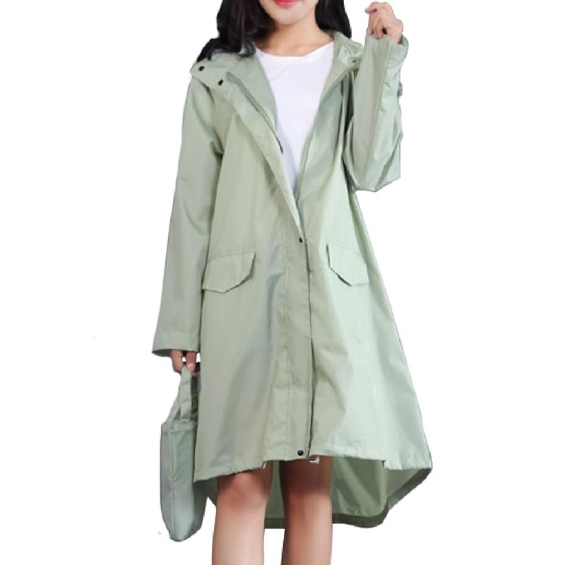 【新品】 [three Joy] レインコート レディース バッグ付き カッパ レインポンチョ レインウェア 大きいサイズ ロング丈 おしゃれ 撥水 フード ジップアップ 収納袋 グリーン XL